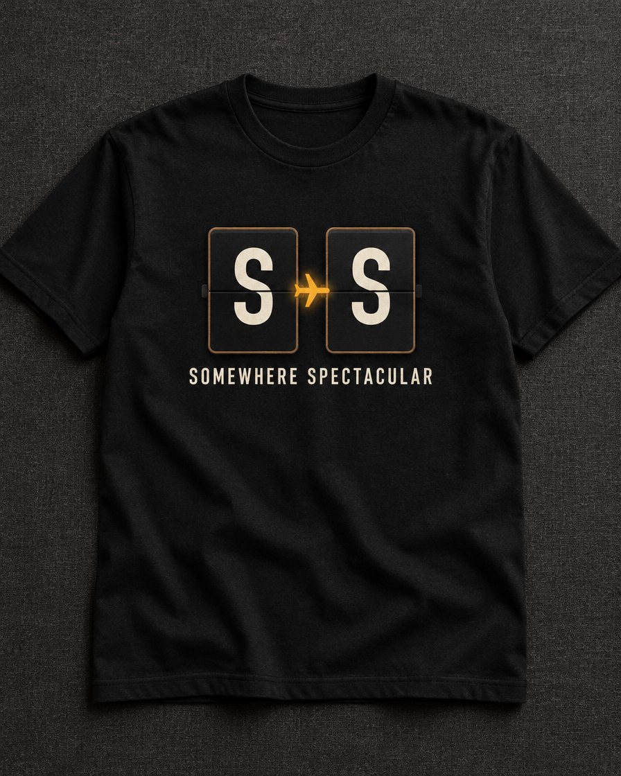 Black Somewhere Spectacular t-shirt with the split-flap logo on the chest